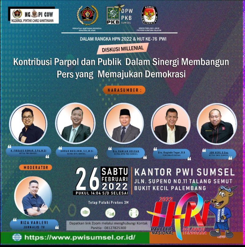 Persatuan Wartawan Indonesia (PWI) Provinsi Sumatera Selatan akan menggelar diskusi Ngopi COW