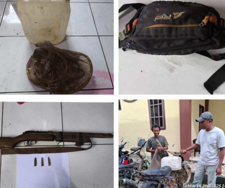 Barang bukti yang diamankan petugas dari terduga pelaku pencurian Solar di kawasan HTI Musi Rawas serta satu pucuk Senpi milik pelaku