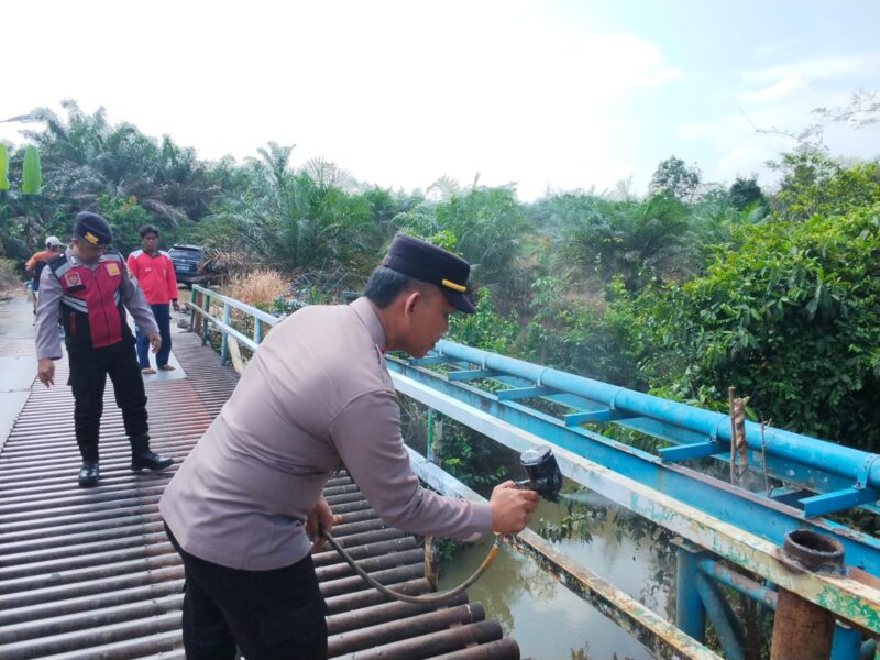 Anggota Polres Musi Rawas melakukan kegiatan ngecat Jembatan Merah Putih Sungai Kungku di Desa Purwodadi, Kecamatan Jayaloka, Kabupaten Musi Rawas